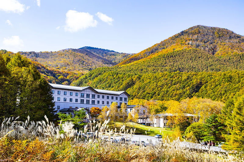 A resort surrounded by mountains.